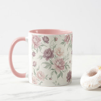 Vintage Stof Roze & Mauve Bloem Motief Koffiemok Mok
