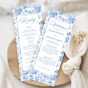 Vintage Stofblauw Toile Rozen Huwelijksprogramma Programmakaart