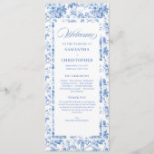 Vintage Stofblauw Toile Rozen Huwelijksprogramma Programmakaart (Voorkant)