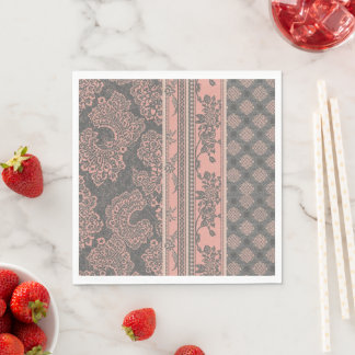 Vintage stoffige roze en antracietgrijze kant dama servet