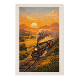 Vintage Stoomlocomotief Zonsondergang Retro Reizen Perfect Poster