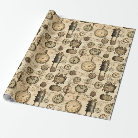 Vintage Stoomtech Horloge Bruin Perkament Cadeaupapier (Uitgerold)