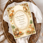Vintage Storybook Woodland Baby Shower Kaart<br><div class="desc">This charming woodland baby shower design features adorable forest animals gathered around a delicate vintage frame, creating a warm storybook scene perfect for celebrating a little one on the way. Sweet illustrations of a bunny, raccoon, squirrel, and owl are surrounded by tiny mushrooms, pinecones, wildflowers, and soft woodland greenery. The...</div>