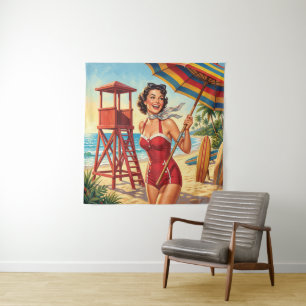 Vintage strand reddingsbrigade pin-up meisje wandkleed
