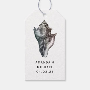 Vintage strand schelp en damast nautisch cadeaulabel