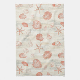 Vintage strand schelpen met koraal en zeester theedoek