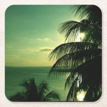 Vintage Strand Zonsondergang Groen-Blauwe Lucht Ze