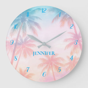 Vintage strand zonsondergang palmbomen pastel grote klok
