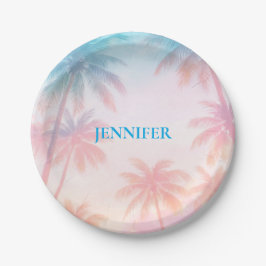 Vintage strand zonsondergang palmbomen pastel      papieren bordje