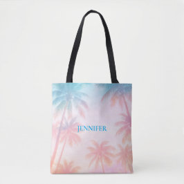Vintage strand zonsondergang palmbomen pastel tote bag