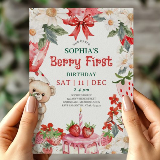 Vintage strawberry Berry First Birthday Invitation Kaart
