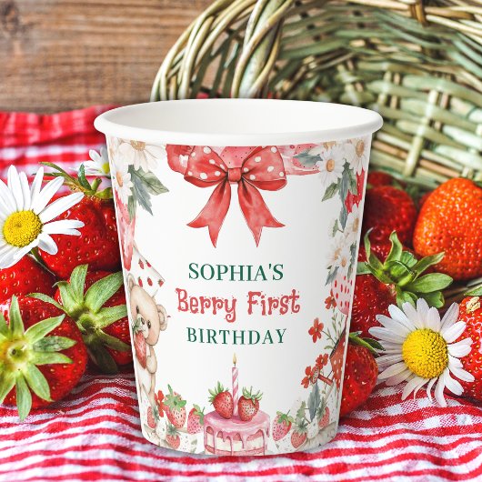 Vintage Strawberry Berry First Birthday  Papieren Bekers