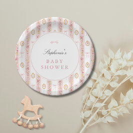 Vintage Strikroze Bloemachtige Baby Shower Papieren Bordje