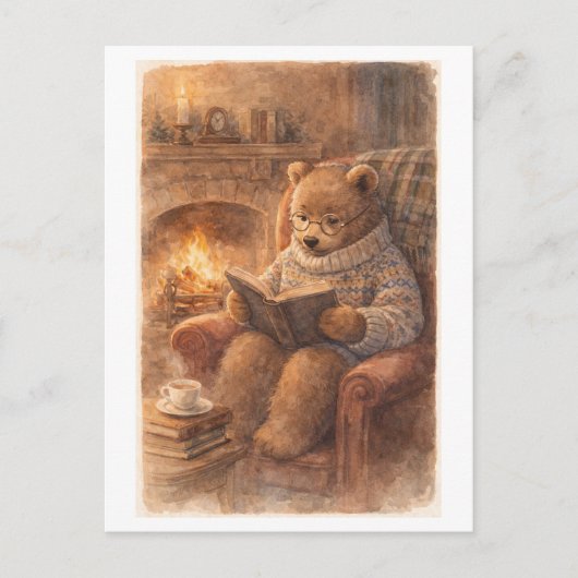 Vintage-Style Bear Reading by the Fireside Briefkaart (Voorkant)