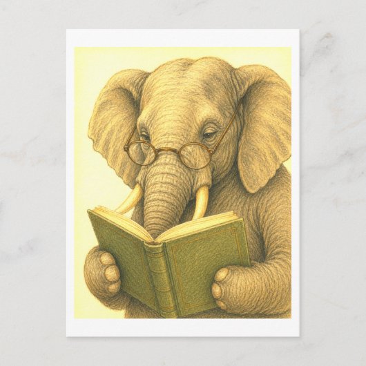 Vintage-Style Elephant Reading Briefkaart (Voorkant)