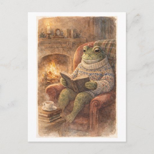 Vintage-Style Frog Reading by the Fireside Briefkaart (Voorkant)