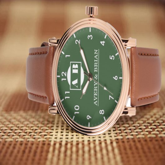 Vintage Style Green Minimal Monogram couple Horloge