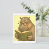 Vintage-Style Hippo Reading Briefkaart (Staand voorkant)