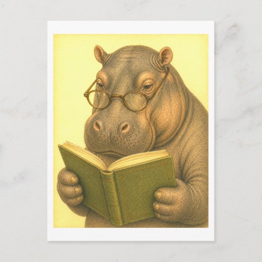Vintage-Style Hippo Reading Briefkaart (Voorkant)