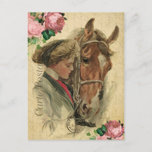 Vintage Style Horse and Roses French Card Postale Briefkaart