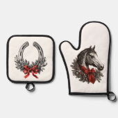 Vintage Style Horse Equestrian Kitchen Ovenwant & Pannenlap Set (Voorkant)