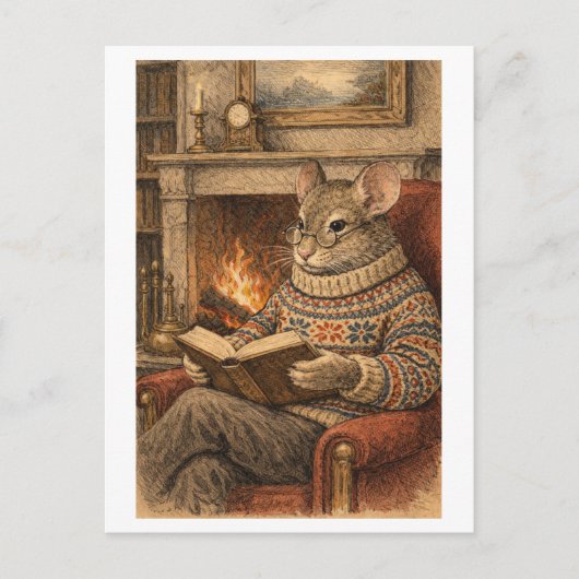 Vintage-Style Mouse Reading a Book Briefkaart (Voorkant)