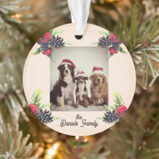 Vintage Style Pine Cone & Berries Christmas Photo Ornament