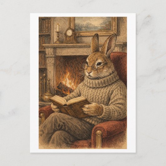 Vintage-Style Rabbit Reading a Book Briefkaart (Voorkant)