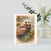 Vintage-Style Sea Otter Illustration Briefkaart (Staand voorkant)