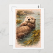 Vintage-Style Sea Otter Illustration Briefkaart (Voorkant / Achterkant)