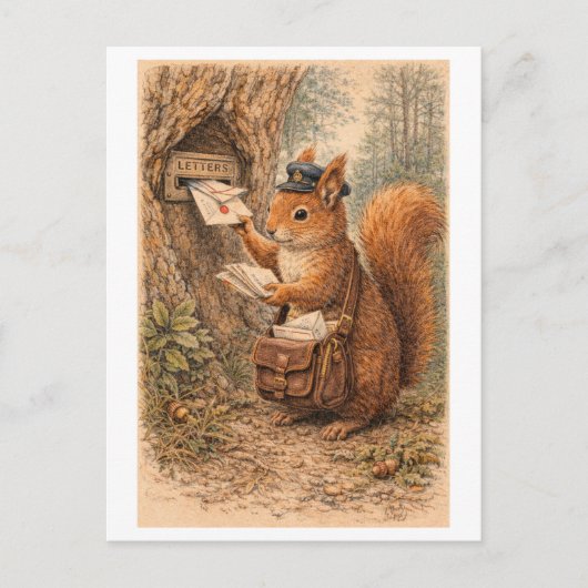 Vintage-Style Squirrel as Mailman Illustration Briefkaart (Voorkant)