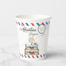 Vintage Suitcase Baby Shower Boy Adventure Postal Papieren Bekers