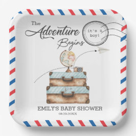 Vintage Suitcase Baby Shower Boy Adventure Postal Papieren Bordje