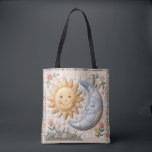 Vintage Sun Moon Quilt Style Print  Tote Bag<br><div class="desc">Adorable tote bag featuring vintage sun and moon quilted-style print design. Sweet smiling sun and sleeping moon with pastel flowers and quilted texture look. Cottage core shabby chic aesthetic perfect for celestial lovers,  boho style,  nursery theme,  or whimsical everyday bag. Nostalgic charm print.</div>
