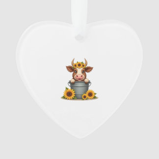 Vintage Sunflower Highland Cow in Bucket Floral Fa Ornament
