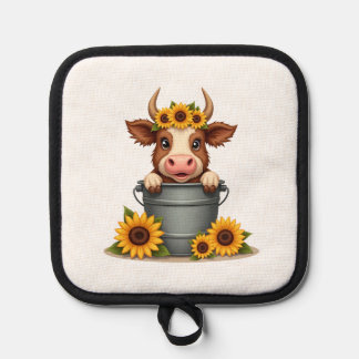 Vintage Sunflower Highland Cow in Bucket Floral Fa Pannenlap