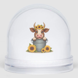 Vintage Sunflower Highland Cow in Bucket Floral Fa Sneeuwbol