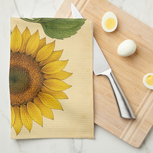 Vintage Sunflower on Weathered Paper Theedoek (Quarter Fold)