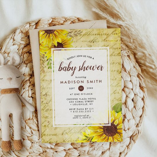 Vintage Sunflower Script Baby Shower Kaart