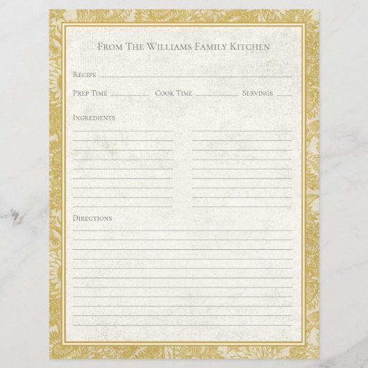 Vintage Sunflower Toile Gold Recipe Paper Sheet (Voorkant)