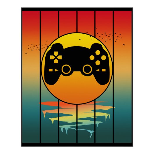 Vintage Sunset Gamer Gaming Computer Game Perfect Poster (Voorkant)