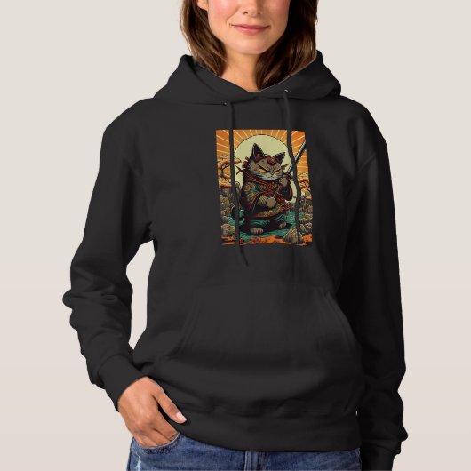 Vintage Sunset Japanese Samurai Kitten Kitty Cat Hoodie (Voorkant)