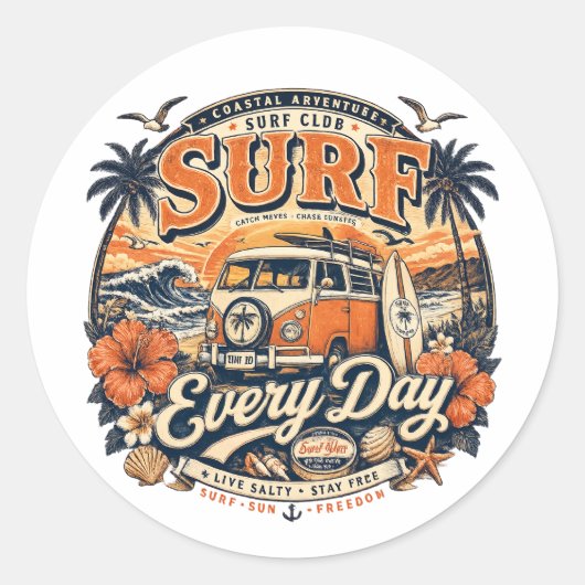 Vintage Surf Elke Dag Ronde Sticker (Voorkant)