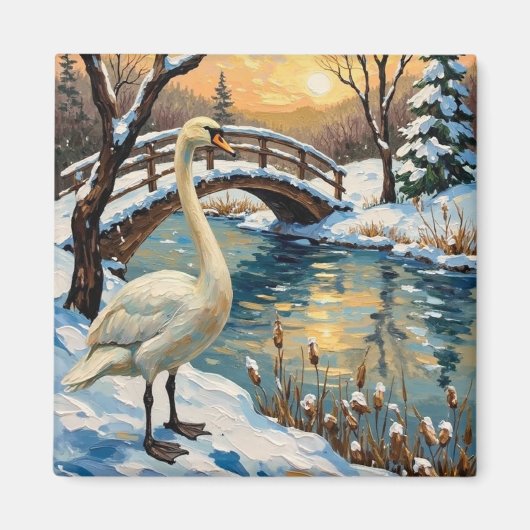 Vintage Swan by Snowy Bridge Christmas Painting Magneet (Voorkant)