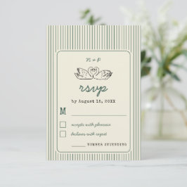 Vintage Swan Monogram Retro Green Stripes Wedding RSVP Kaartje