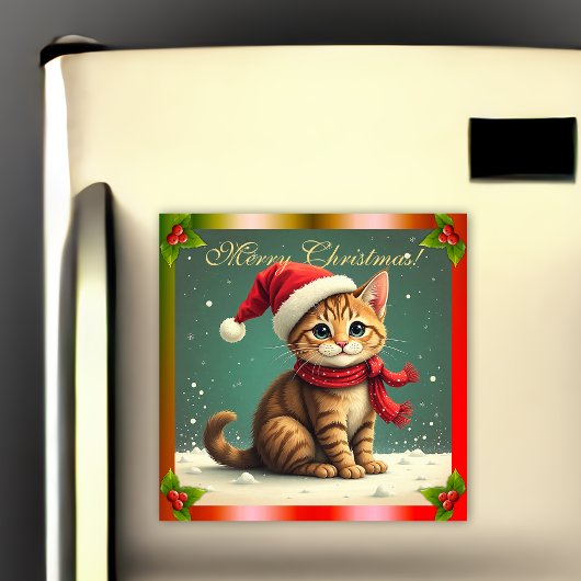 Vintage Tabby Kitten Christmas Card Magnet