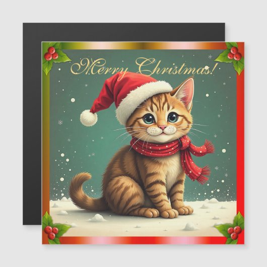 Vintage Tabby Kitten Christmas Card Magnet (Voorkant / Achterkant)