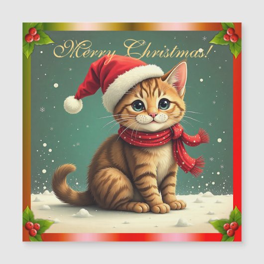 Vintage Tabby Kitten Christmas Card Magnet (Voorkant)