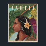 Vintage Tahiti Island Briefkaart<br><div class="desc">Beautiful hand painted poster in a naive style featuring a Pacific Islander woman from Bora Bora in the Society Islands,  against a tropical banana plantage on the island of Tahiti. Gratis greens blue,  tropische pink leaves and flowers.</div>