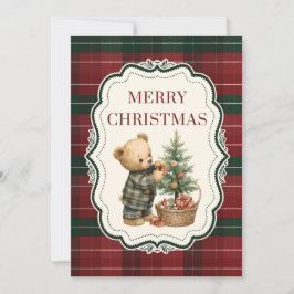 Vintage, tartan kerstkaart met teddybeer